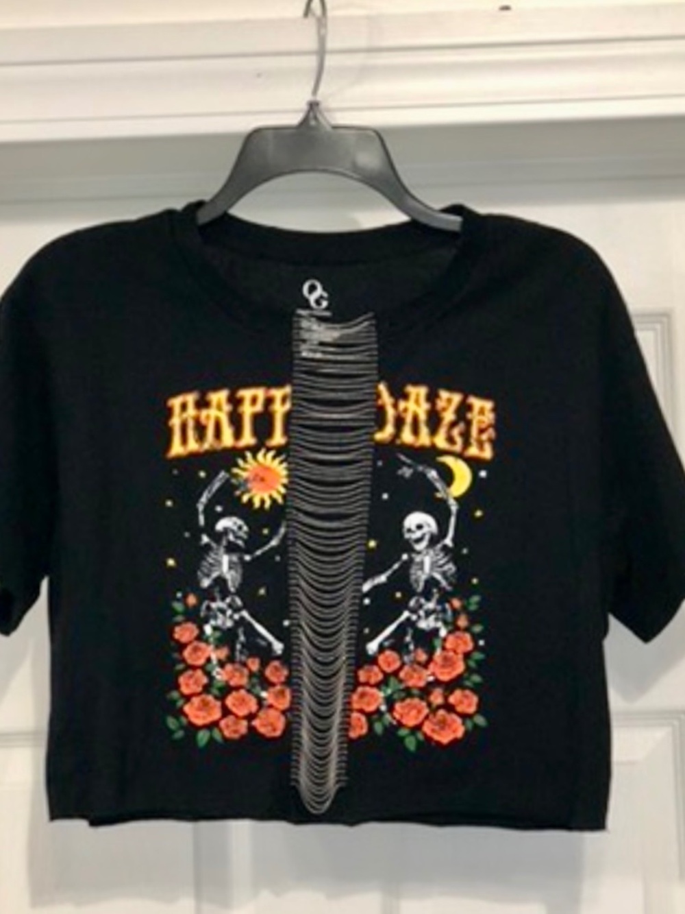 NEW Organic Generation Women's Black Happy Daze Chain Skull Cotton Crop Top Sm
